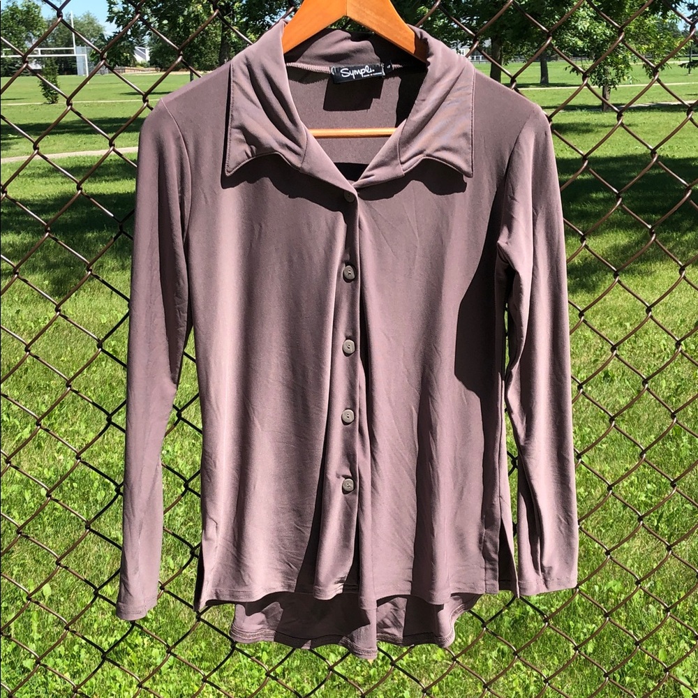 SYMPLI Mid-Brown Button Down Front Long Sleeve Size 4 Shirt Blouse Stretchy #733